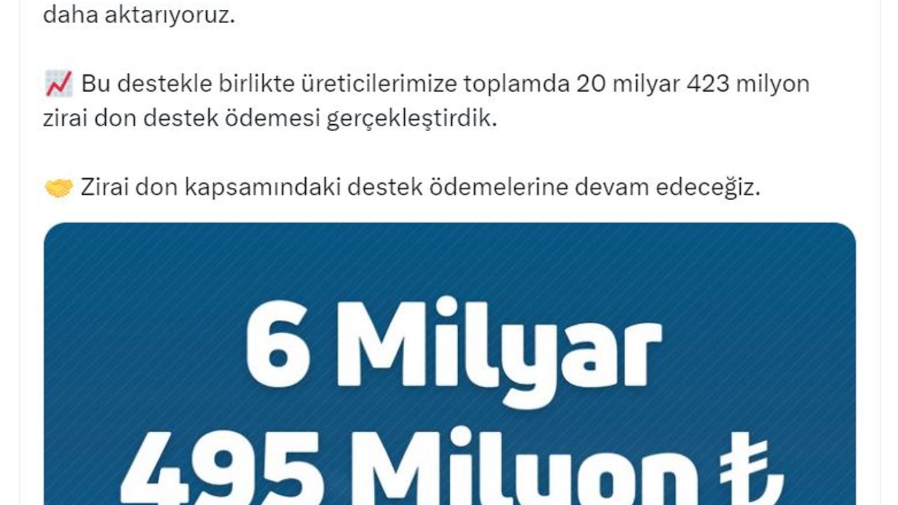 Bakanlıktan üreticilere 20 milyar 423 milyon lira destek