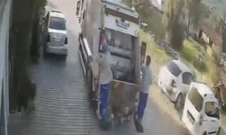 Çöp konteyneri çöp kamyonunu peşinden sürüklendi