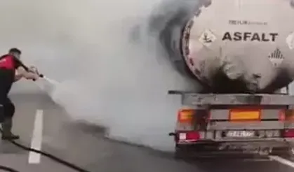Asfalt yüklü tankerde yangın çıktı