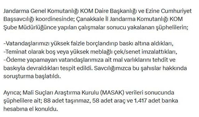 Çanakkale'de suç örgütü ve tefecilere yönelik operasyonları