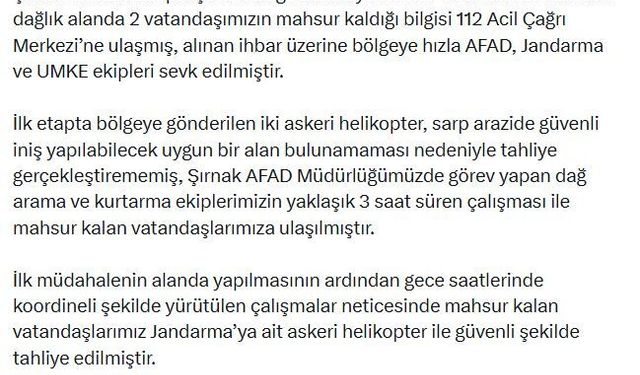 AFAD: Şırnak'ta kaybolan 2 kişi kurtarıldı
