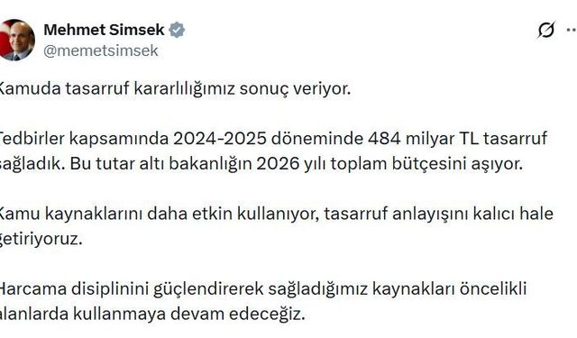 Bakan Şimşek: Kamuda iki yılda 484 milyar TL tasarruf sağlandı