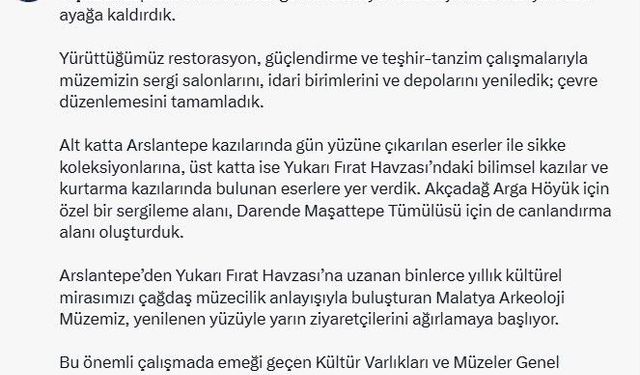 Malatya Arkeoloji Müzesi yeniden ziyaretçilerini ağırlayacak