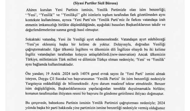 Yenilik Partisi’nden Yeni Parti başvurusu