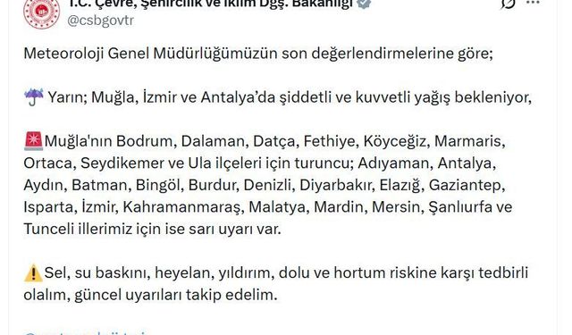 Muğla’ya Turuncu, 18 İle Sarı Kodlu Yağış Uyarısı