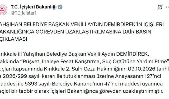 Yahşihan Belediye Başkanvekili Aydın Demirdirek görevden uzaklaştırıldı