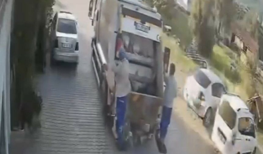 Çöp konteyneri çöp kamyonunu peşinden sürüklendi