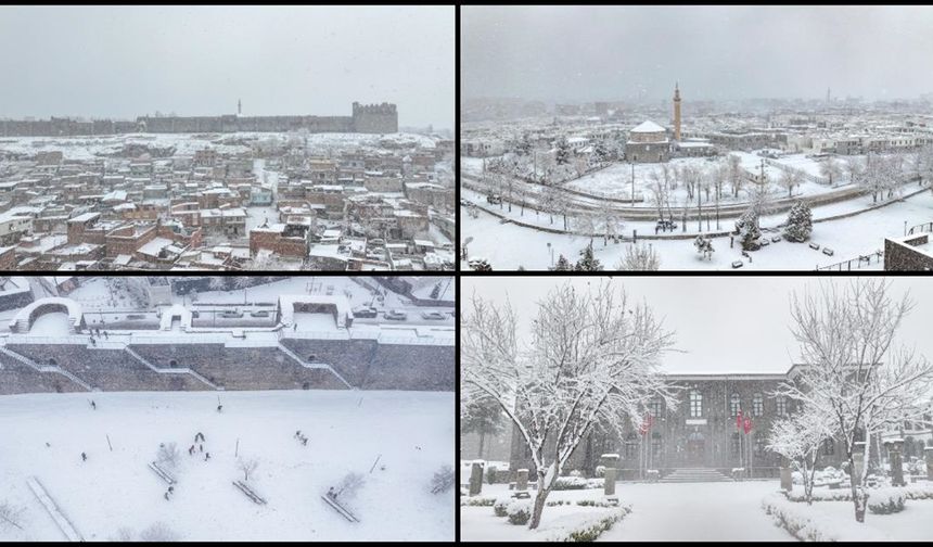 Diyarbakır'da tarihi yapılar karla büründü