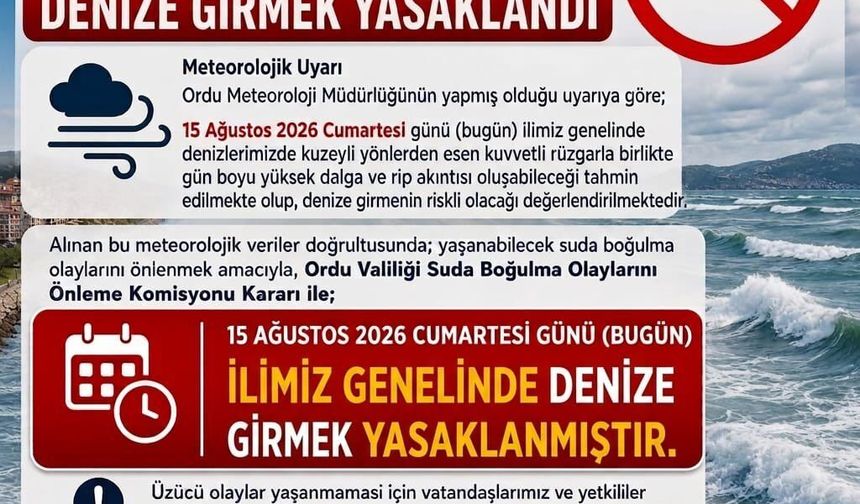 Ordu’da denize girmek bugün yasaklandı