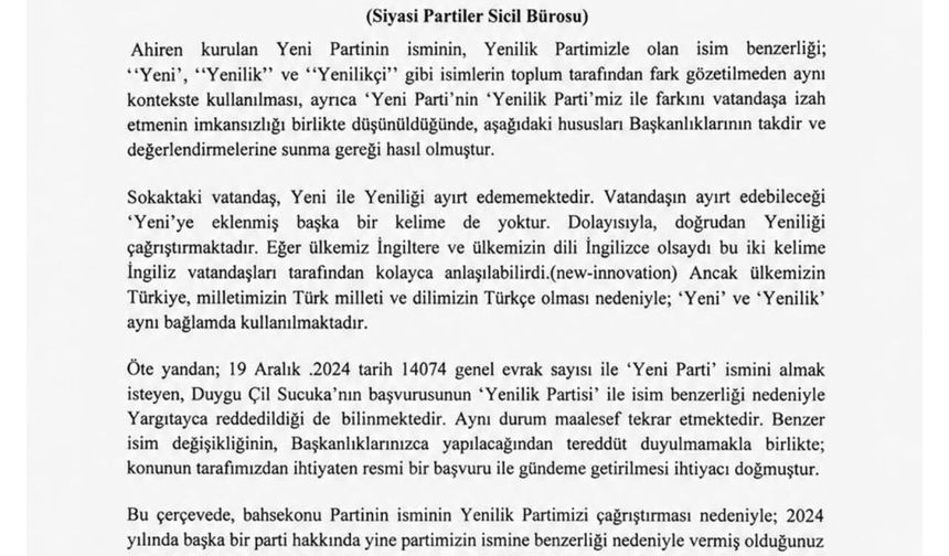 Yenilik Partisi’nden Yeni Parti başvurusu