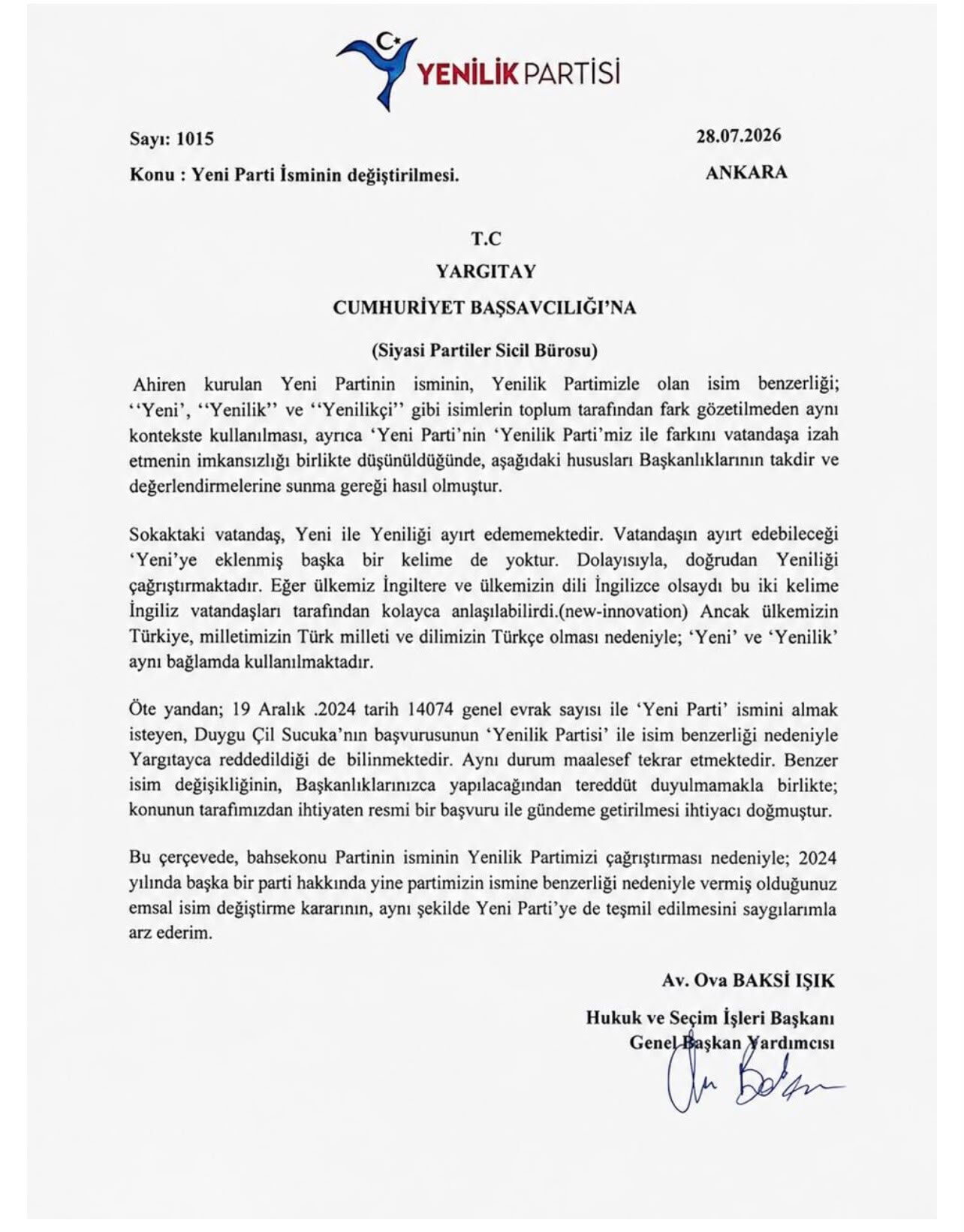 Yenilik Partisi’nden Yeni Parti başvurusu