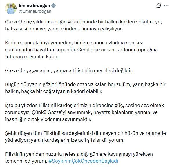 Emine Erdoğan’dan Gazze mesajı