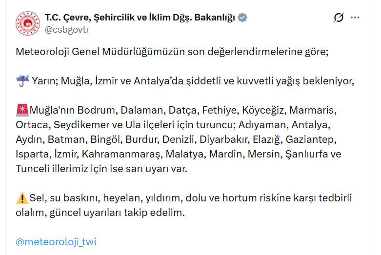 Muğla’ya Turuncu, 18 İle Sarı Kodlu Yağış Uyarısı