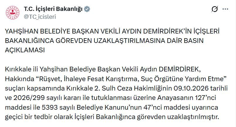 Yahşihan Belediye Başkanvekili Aydın Demirdirek görevden uzaklaştırıldı